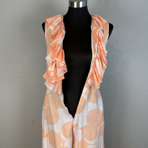 Evelyn Pearson Vintage 60s Ruffle Front Lounge Jumpsuit Size S Peach Wide Leg - Picture 9 of 10